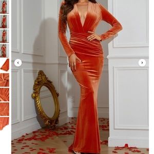 Orange Plunging Neck Ruched Velvet Evening Prom Mermaid Dress